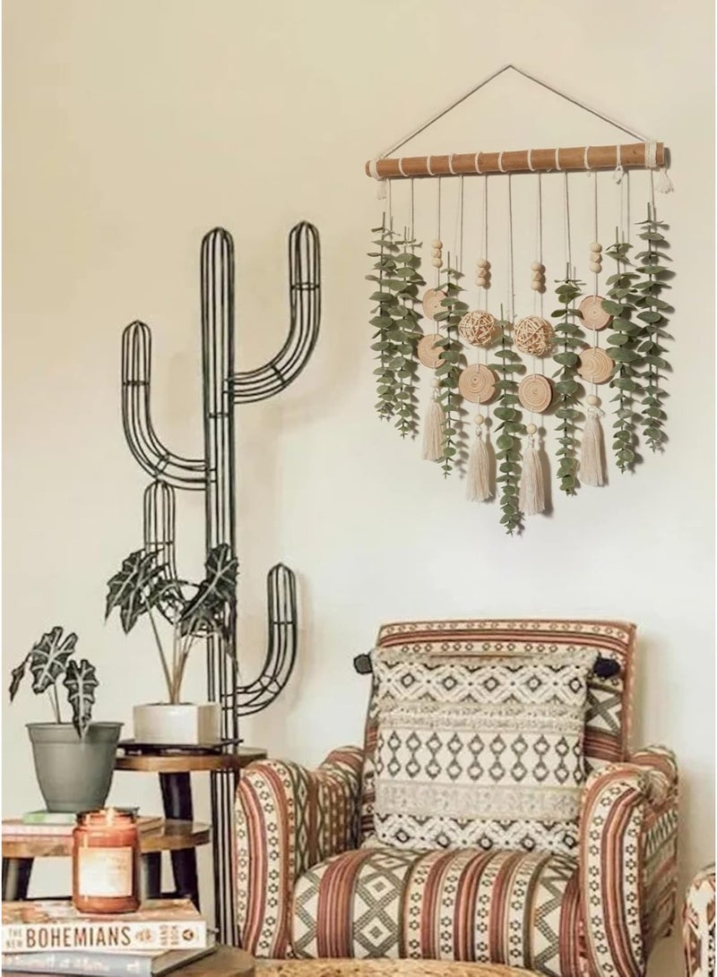 عش الحضري معلق حائطي من المكرميه لعرض الصور، منظم بطاقات الصور مع كرات من الخوص على شكل أوراق، ديكور حائطي يدوي من النباتات الطبيعية على طراز بوهو، هدية - Image 2